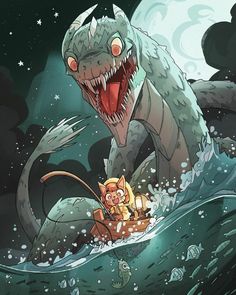 a cartoon character riding on the back of a boat next to a giant monster with it's mouth open