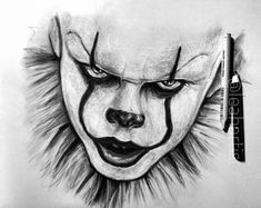 a pencil drawing of a clown's face with an evil look on its face