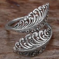 Sterling silver wrap ring, 'Friendly Ferns' - Hand Made Sterling Silver Wrap Ring Leaf Motifs Indonesia Precious Metal Clay Jewelry, Silver Flower Ring, Silver Wrap Ring, Metal Clay Jewelry, Precious Metal Clay, Silver Jewelry Design, Wrap Ring, Gem Ring, Statement Ring Silver