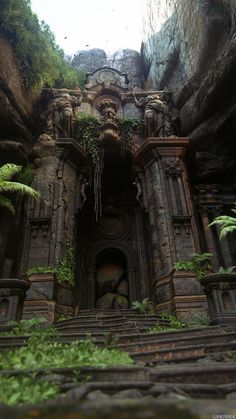 the entrance to an underground cave with plants growing out of it