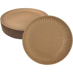 two brown paper plates sitting next to each other