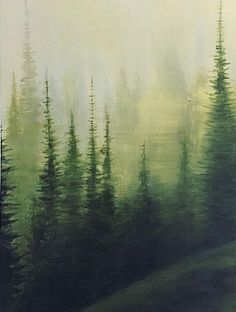 a painting of some trees in the fog