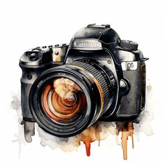 an artistic painting of a camera with paint splatters on it's side