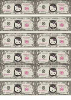 five bills with hello kitty faces on them