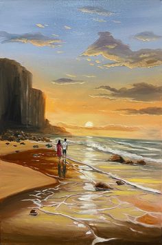 a painting of two people walking on the beach at sunset with cliffs in the background