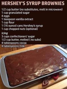 there is a brownie in the pan with chocolate frosting on top and instructions for how to make it