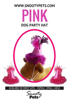 the pink party hat is on top of a brown dog's head with purple feathers