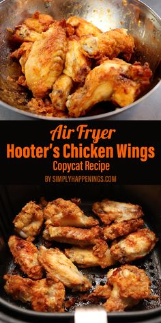 an air fryer with chicken wings in it and the words, air fryer hooter's chicken wings copycat recipe