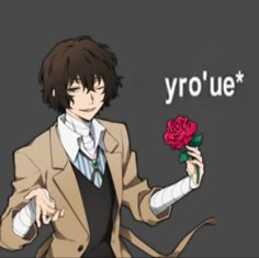 an anime character holding a rose with the words yyro ue on it