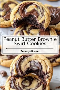 peanut butter brownie swirl cookies are stacked on top of each other