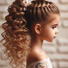 High ponytail with braid accent Hairstyle for Girl Kids with long curly hairs High Ponytails With Braids, Flower Girl Hairstyles With Braids, Wedding Hair For Girls Kids, Girls Fancy Hairstyles Kids, Wedding Hairstyles For Flower Girl, Formal Hairstyles For Girls Kids, Girls Ponytail Hairstyles, Girl Updo Hairstyles, Girl Wedding Hairstyles Kids