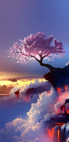 a tree on top of a cliff with lava flowing down the side and clouds in the air