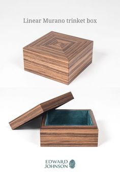 a wooden box with the lid open and two different sides showing it's interior