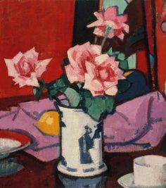 a painting of pink roses in a white vase on a table with a purple cloth