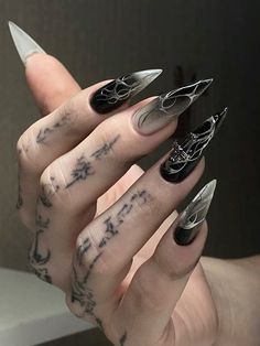 Black Nails Cateye, Nails Acrylic Witchy, Cool Nail Inspo Coffin, Black Nail Designs Goth, Black Nail Designs Emo, Black Nails Stiletto Long, Rock Inspired Nails, Cigarettesaftersex Nails, Siyah Nail Art