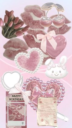 a collage of pink and white items including a teddy bear, heart - shaped box, flowers, hearts, and other things