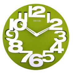 a green clock with white numbers and numbers on the face, in front of a white background