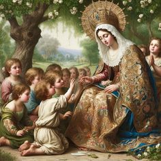 a painting of a woman surrounded by children