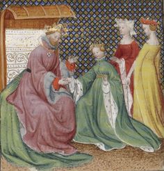 an image of a painting with women and men in medieval dress talking to each other