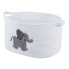 a large white basket with an elephant on it's side and a gray handle