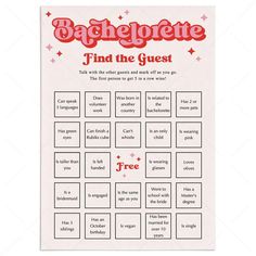 a game with the words bachelor find the guest in red and pink stars on it