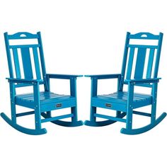 two blue rocking chairs sitting next to each other on top of a white background,