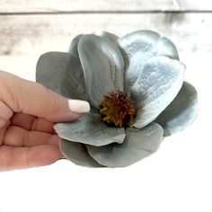 a person's hand holding a flower in front of a white background with wood planks