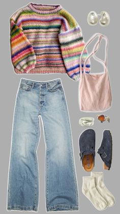 an assortment of clothing and accessories including shoes, sweaters, socks, and slippers