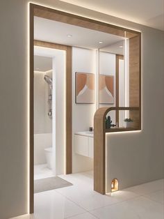 an open door leading to a bathroom with white tile flooring and wooden accents on the walls