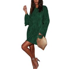 Color/Pattern: Dark Green Approximately 31.7in From Shoulder To Hem 100% Polyester Hand Wash Imported Summer Tunic Dress, Sequin Short Dress, Slim Bodycon Dress, How To Fold Sleeves, Solid Color Dress, Crewneck Dress, Short Mini Dress, Long Sleeve Mini, Cutout Dress