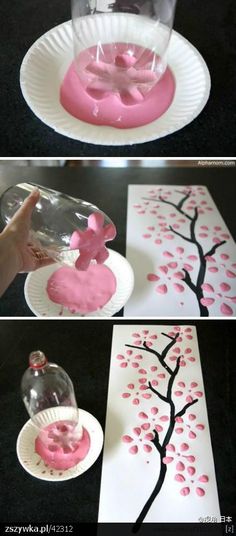 some paper plates with pink and black designs on them, one is made to look like a tree