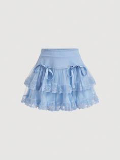 Azul Casual Collar  Tela tejida Color combinado,Liso A capas Embellished Estiramiento medio Verano Pastel Mini Skirts, Cute Skirt Outfits Aesthetic, Light Blue Skirt Outfit, Creative Skirt, Cute Mini Skirts, Light Blue Mini Skirt, Baby Blue Skirt, Poofy Skirts, Blue Lace Skirt