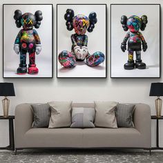 three pictures of a teddy bear on the wall