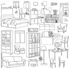 a black and white drawing of furniture in a room with bookshelves, chairs, desk