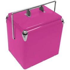 a bright pink cooler with chrome handles