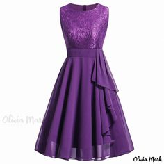 Olivia Mark - Exquisite Lace-Trimmed Chiffon Dress with Sensual Design for Special Occasions Vestidos Color Rosa, Stitching Dresses, Chiffon Midi Dress, Evening Gowns Elegant, Camisole Dress, Formal Party Dress, Chiffon Gown, Crewneck Dress, Burgundy Dress