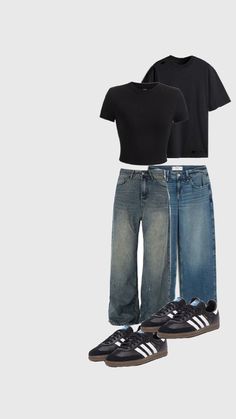 two pairs of black t - shirts, jeans and adidas sneakers are featured in this image