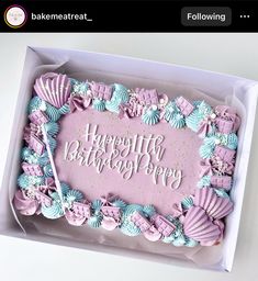 a pink and blue birthday cake in a box with the words happy birthday written on it