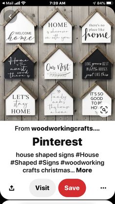 a sign that says woodworking crafts pinterest house shaped signs with words on them