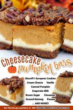 an advertisement for cheesecake pumpkin bars on a plate