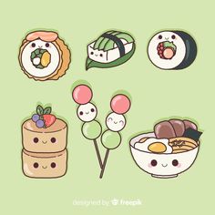 sushi food stickers are arranged in different shapes and sizes on a green background