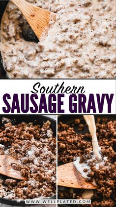 sausage gravy in a skillet being stirred with a wooden spoon to make it