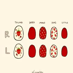 Gel Nail Color Combinations, Nails With Strawberry Design, Nails Strawberry Design, Nail Drawing Designs, Strawberry Acrylic Nails, Strawberry Nails Designs, Howls Moving Castle Nails, Nails Strawberry, Paper Nails