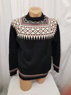 Vintage 1970's Lulle Otterstad Oslo Norwegian Hand Made in Norway Black w Cream, Red, Gray Pattern Wool Ski Sweater Pullover.  Top is in excellent condition (see pics)! Measurements: shoulder to shoulder 22 in, chest 44 in, sleeves 24, back of neck to bottom length 28, waist 34 stretch to 43 in.  Sweater has stretch Retro Fair Isle Pattern Winter Tops, Red Retro Winter Tops, Retro Red Tops For Winter, Vintage Red Sweater For Winter, Red Vintage Sweater For Winter, Nordic Style Knitted Crew Neck Top, Nordic Knitted Crew Neck Tops, Red Vintage Knitted Sweater, Vintage Red Knitted Tops