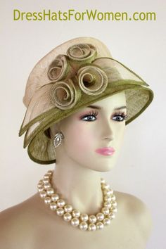 "Ladies Ivory Or Light Creamy Beige And Olive Green Mix Sinamay Straw Designer Fashion Hat. This Dress Hat Is Suited For Weddings, Formals, Bridal, Mother Of The Bride, The Kentucky Derby And Horse Races. Measurements: Crown Measures 22.5\".  This lovely headpiece is suited for Spring, Summer or Early Fall. All Sales Are Final.NYFashionHats Haute Couture Millinery Headwear For Women https://nyfashionhats.etsy.com" Olive Green Hat, Mother Of The Bride Hats, Church Lady Hats, Dressy Hats, Classy Hats, Royal Ascot Hats, Horse Races, Sinamay Hats, Bride Headpiece