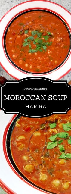 two bowls of moroccan soup with herbs on top and the words morocco soup harra above them