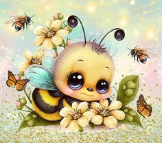 a painting of a baby bee with flowers and butterflies on it's back ground