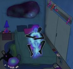 an animated image of a person sitting on a bed in a room with blue walls