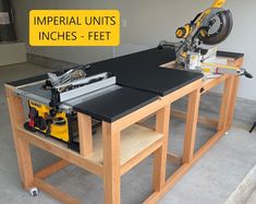 a workbench with a table saw and tools on it that says imperial units inches - feet