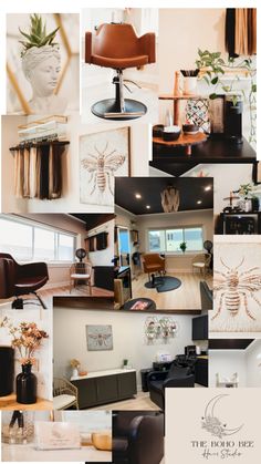 a collage of photos with different types of furniture and decor in them, including an office